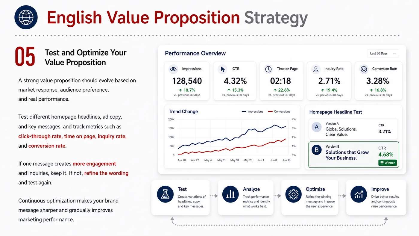 English Value Proposition service card, page 1: English Value Proposition turns English narrative, sales assets, trust content and lead tracking into business-developm...