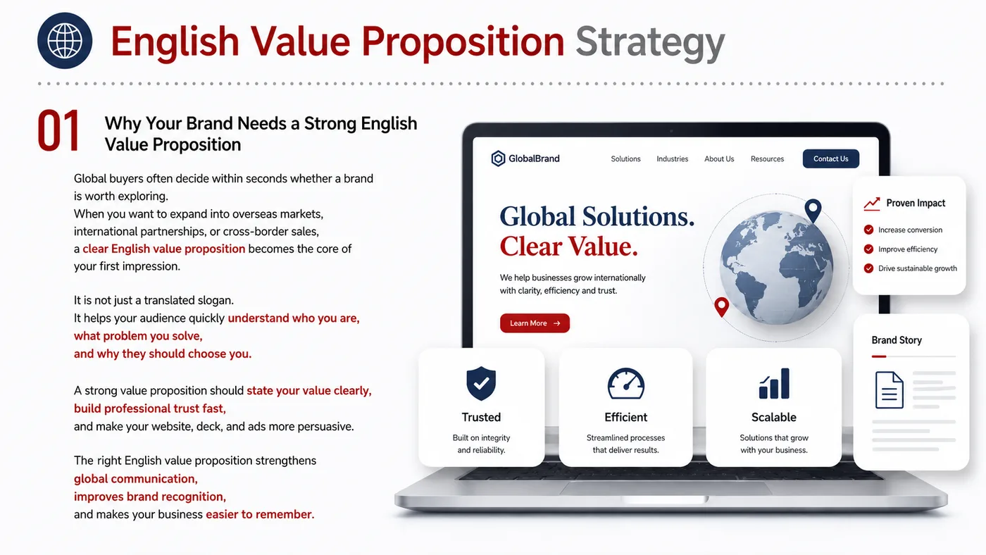 English Value Proposition service card, page 2: English Value Proposition turns English narrative, sales assets, trust content and lead tracking into business-developm...