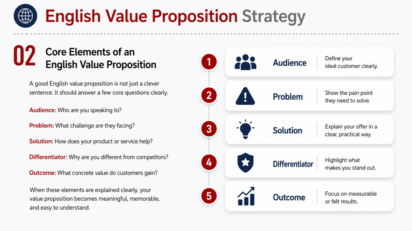 English Value Proposition service card, page 3: English Value Proposition turns English narrative, sales assets, trust content and lead tracking into business-developm...