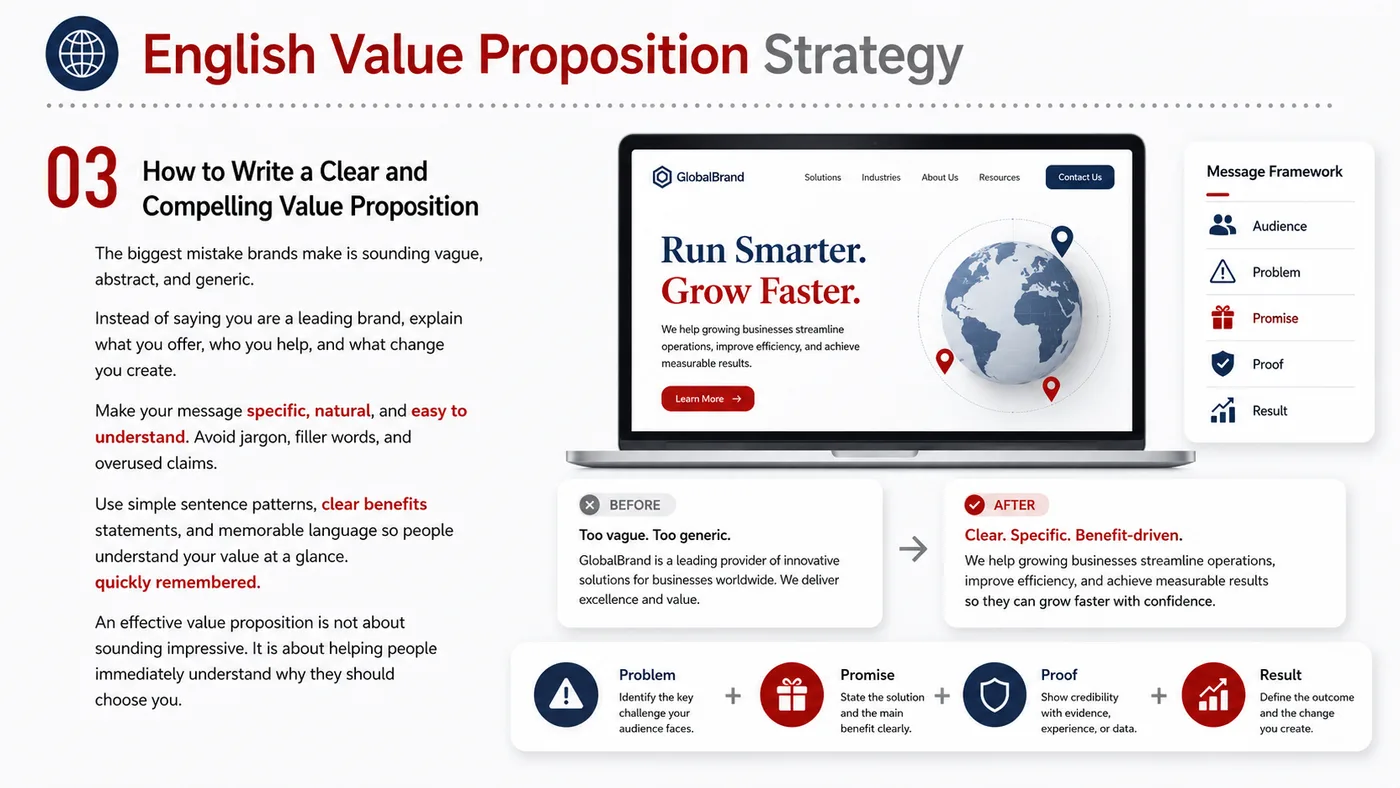 English Value Proposition service card, page 4: English Value Proposition turns English narrative, sales assets, trust content and lead tracking into business-developm...