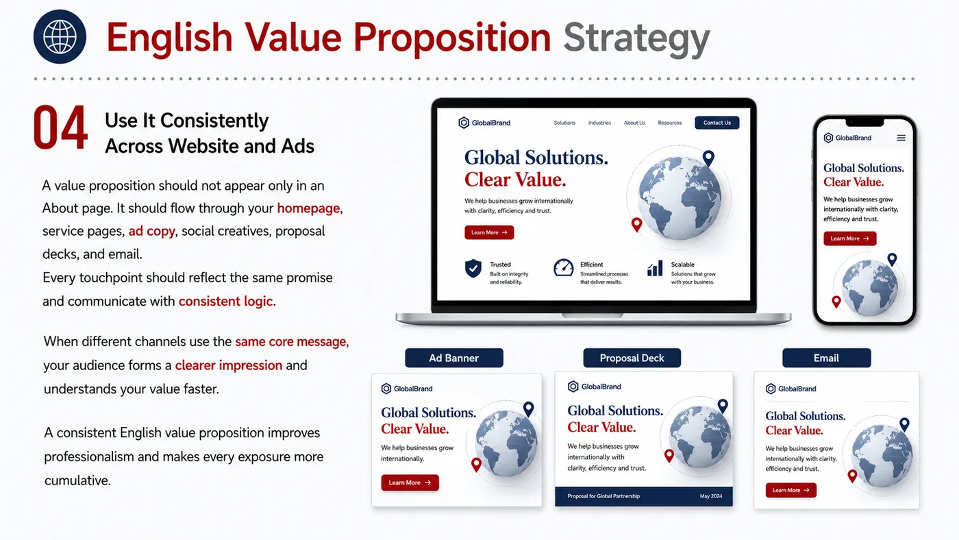 English Value Proposition service card, page 5: English Value Proposition turns English narrative, sales assets, trust content and lead tracking into business-developm...