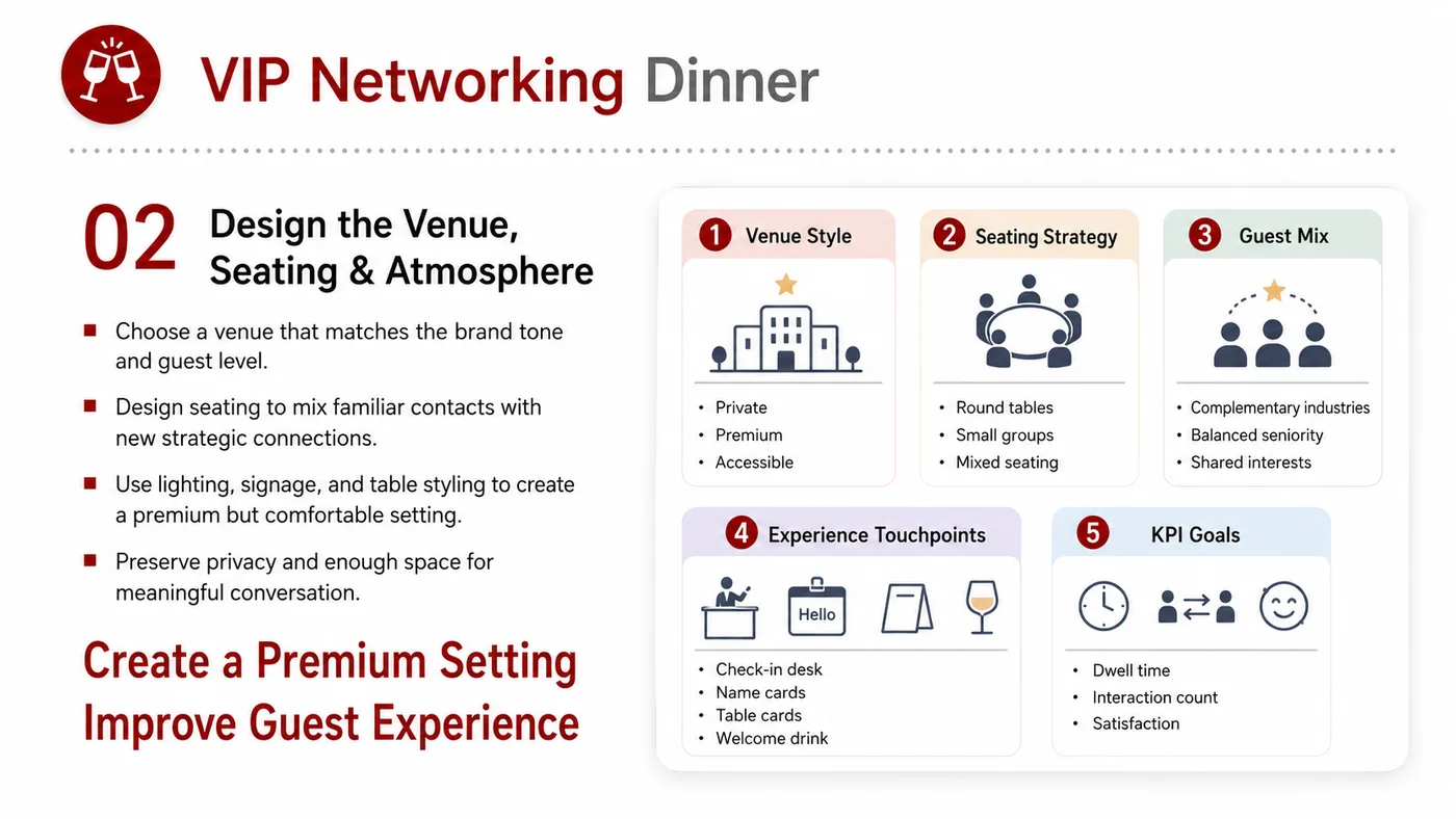 VIP Networking Dinner service card, page 2: VIP Networking Dinner connects pre-show outreach, on-site assets, booth messaging, buyer reception and follow-up into a...