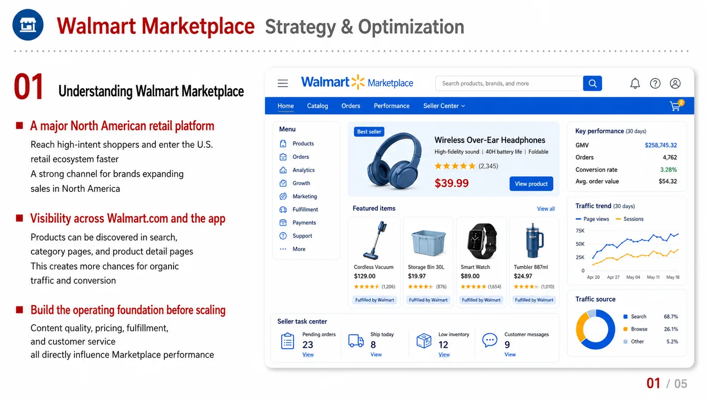 Walmart Marketplace service card, page 1: Walmart Marketplace focuses on platform setup, data preparation, listing optimization, ads, reviews and ongoing operati...
