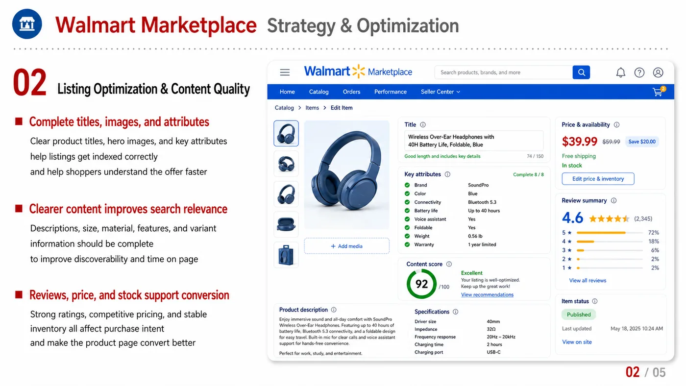 Walmart Marketplace service card, page 2: Walmart Marketplace focuses on platform setup, data preparation, listing optimization, ads, reviews and ongoing operati...