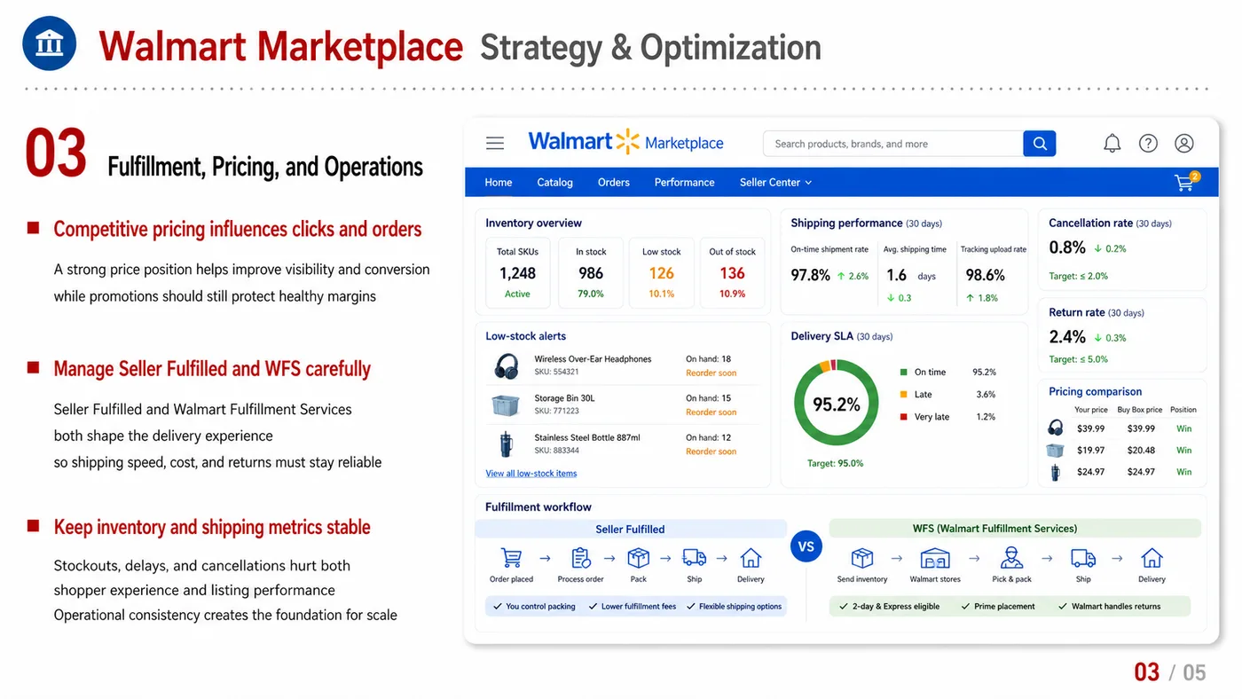 Walmart Marketplace service card, page 3: Walmart Marketplace focuses on platform setup, data preparation, listing optimization, ads, reviews and ongoing operati...