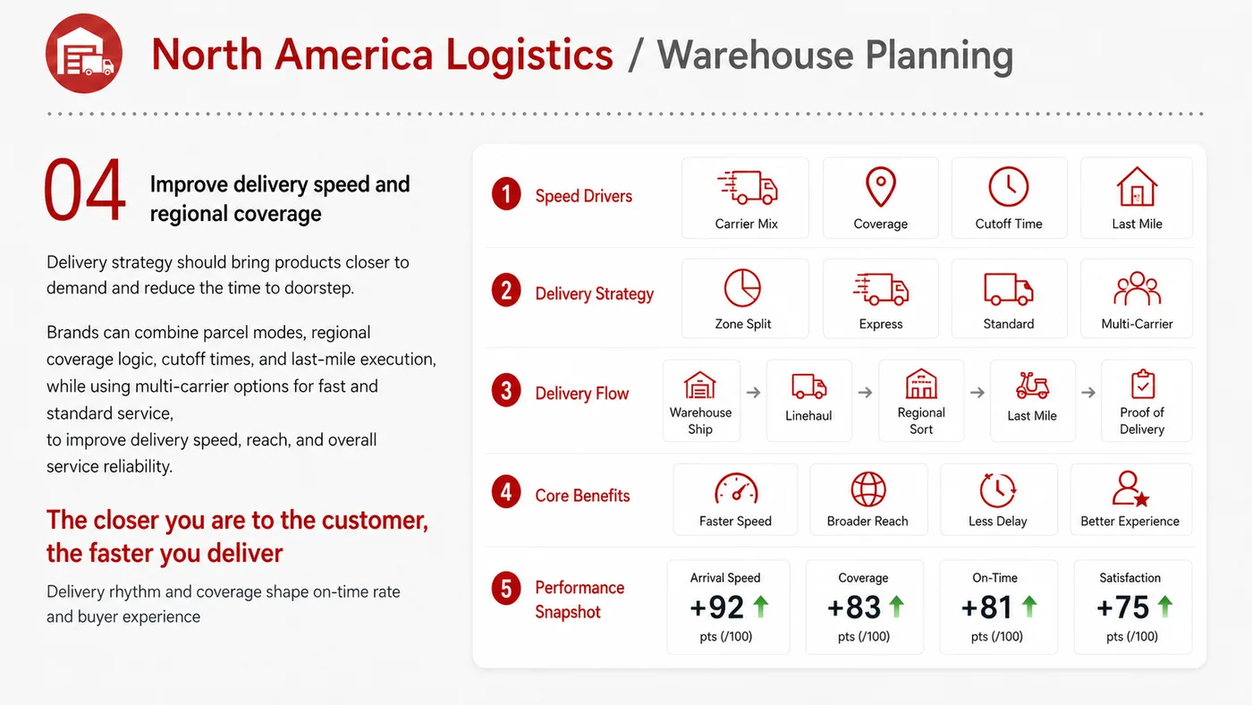 Logistics and Warehousing service card, page 4: Logistics and Warehousing prepares channel fit, product data, compliance, packaging, pricing, samples and follow-up nee...