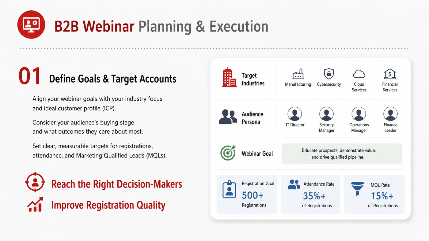 B2B Webinar Planning service card, page 1: B2B Webinar Planning turns English narrative, sales assets, trust content and lead tracking into business-development a...