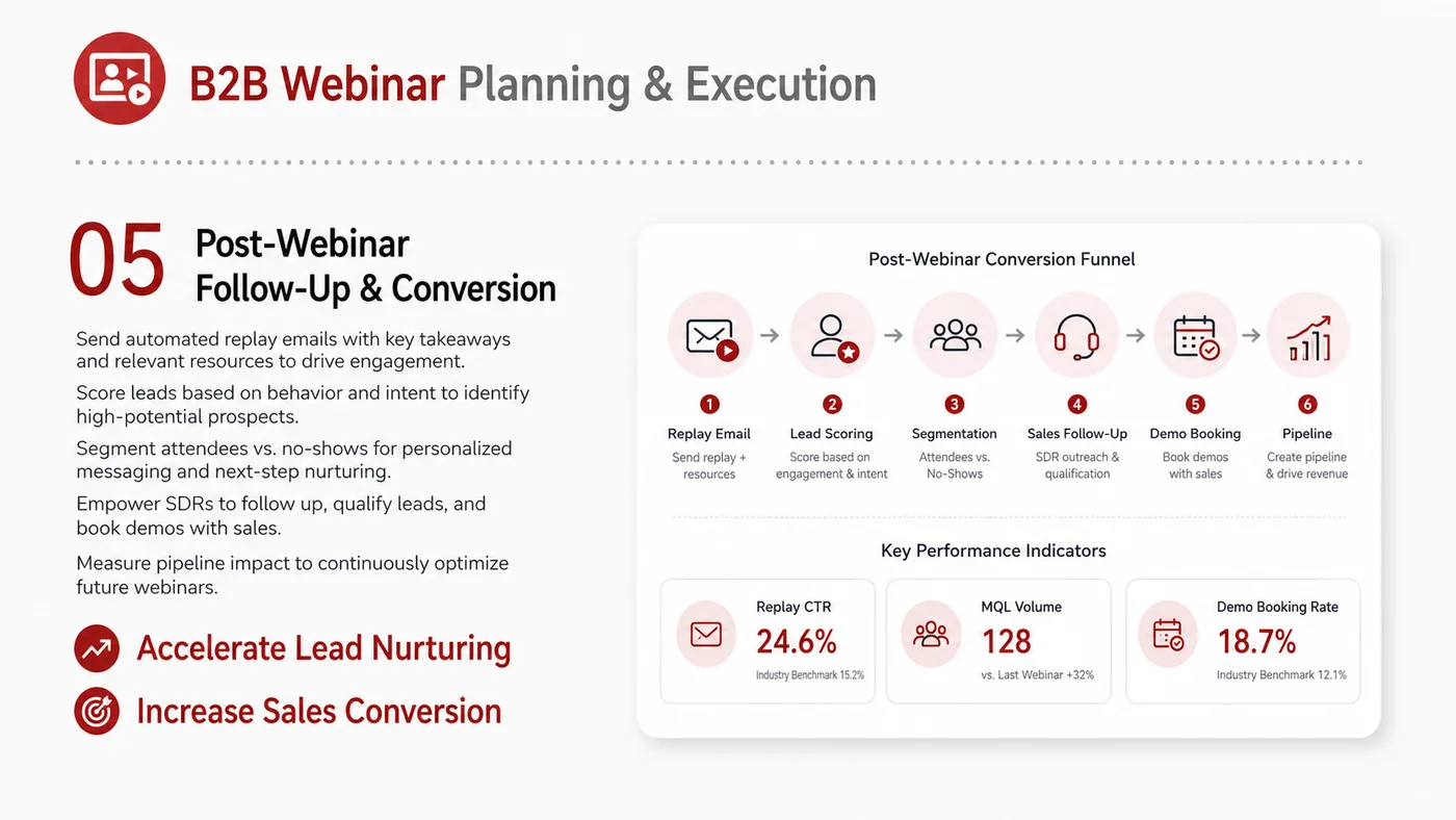 B2B Webinar Planning service card, page 5: B2B Webinar Planning turns English narrative, sales assets, trust content and lead tracking into business-development a...