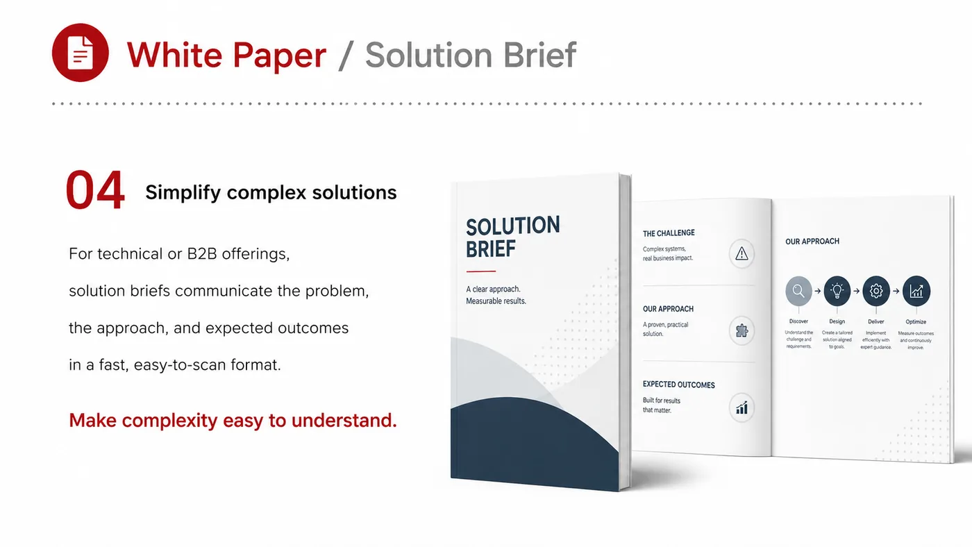 White Paper and Solution Brief service card, page 3: White Paper and Solution Brief turns English narrative, sales assets, trust content and lead tracking into business-dev...