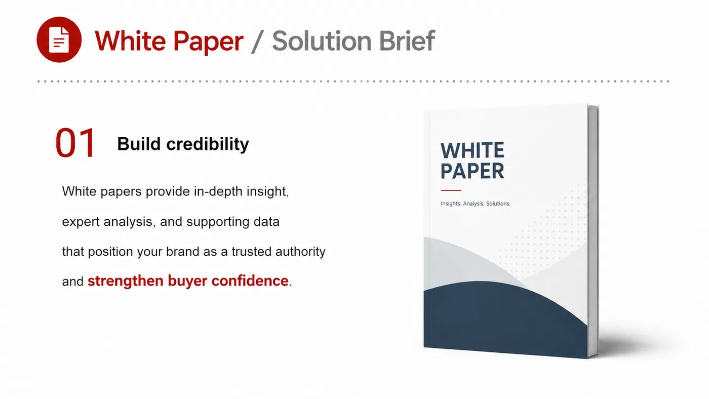 White Paper and Solution Brief service card, page 5: White Paper and Solution Brief turns English narrative, sales assets, trust content and lead tracking into business-dev...
