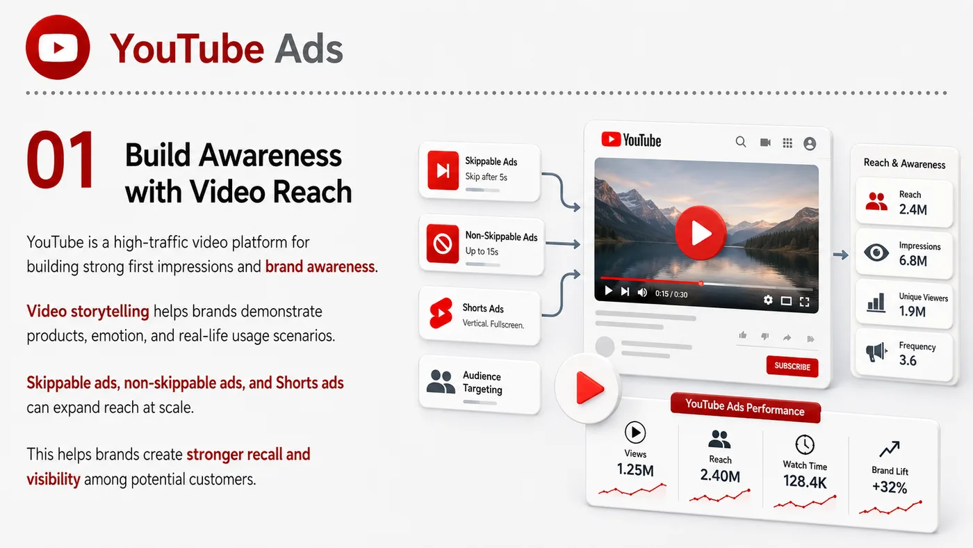 YouTube Ads service card, page 1: YouTube Ads designs North America media around audience, creative, landing pages and conversion events so spend can be...