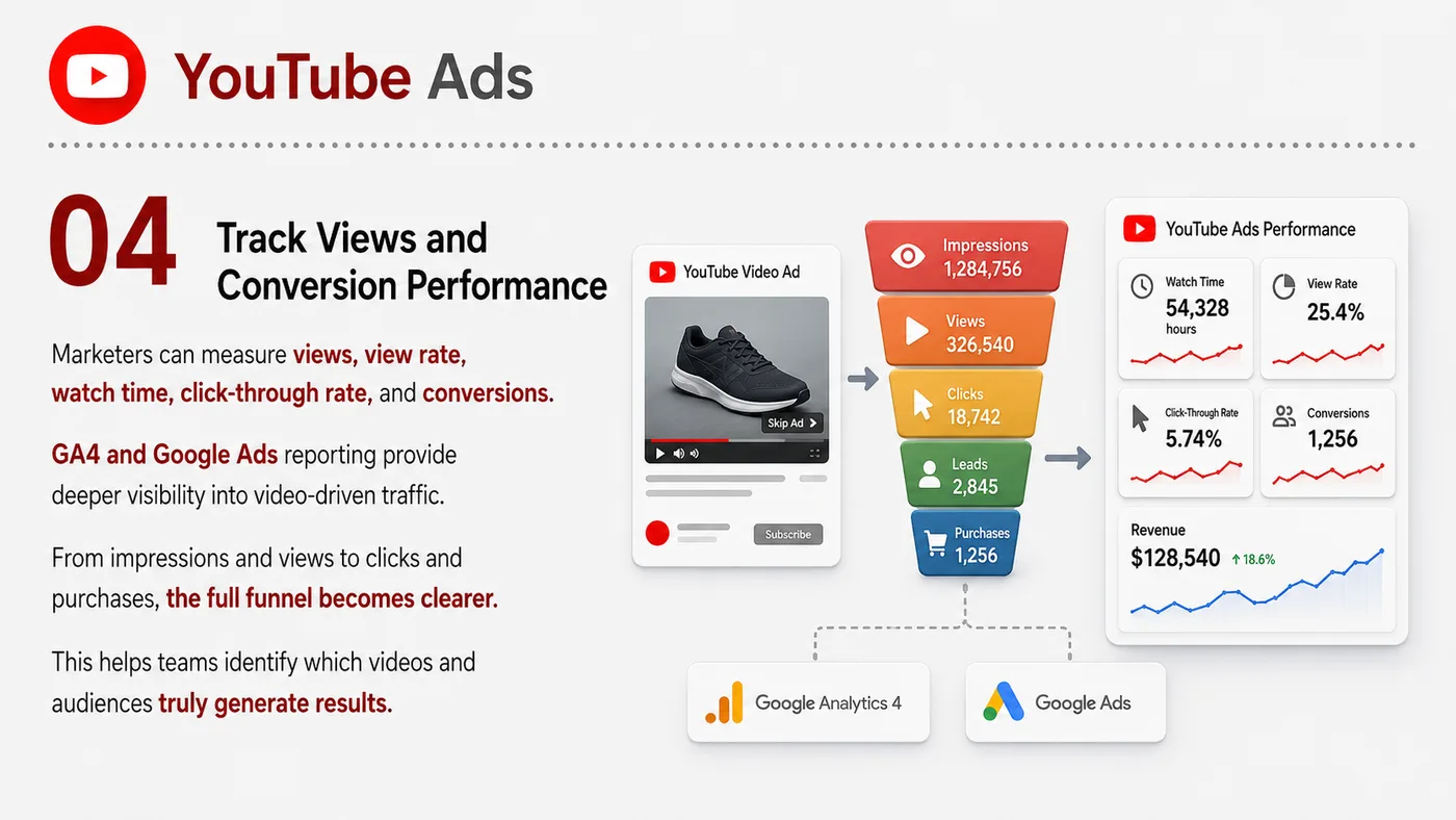 YouTube Ads service card, page 4: YouTube Ads designs North America media around audience, creative, landing pages and conversion events so spend can be...