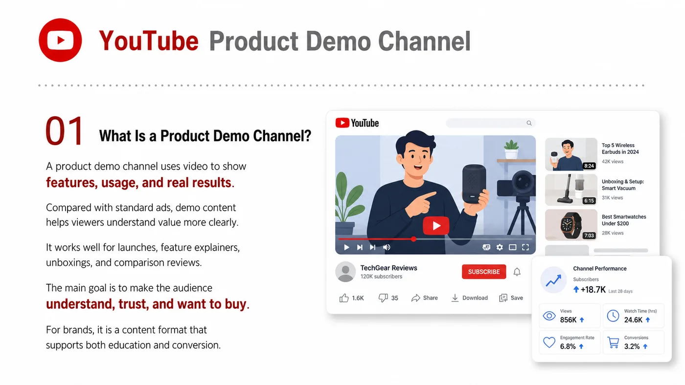 YouTube Product Demo Channel service card, page 1: YouTube Product Demo Channel focuses on North America creator and community collaboration through screening, briefs, co...