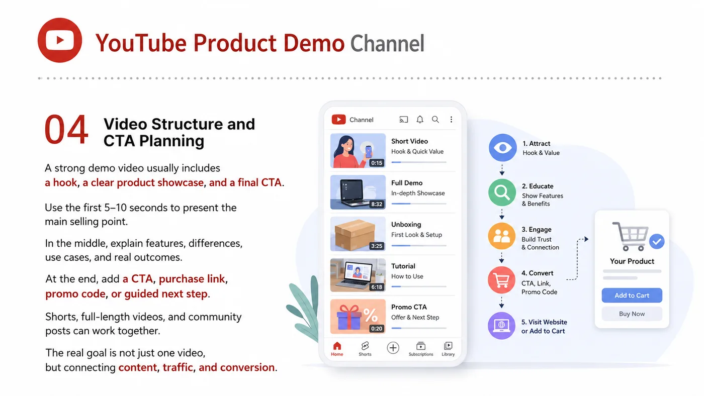 YouTube Product Demo Channel service card, page 4: YouTube Product Demo Channel focuses on North America creator and community collaboration through screening, briefs, co...