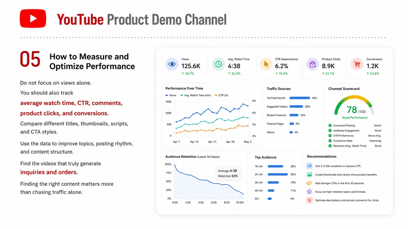 YouTube Product Demo Channel service card, page 5: YouTube Product Demo Channel focuses on North America creator and community collaboration through screening, briefs, co...