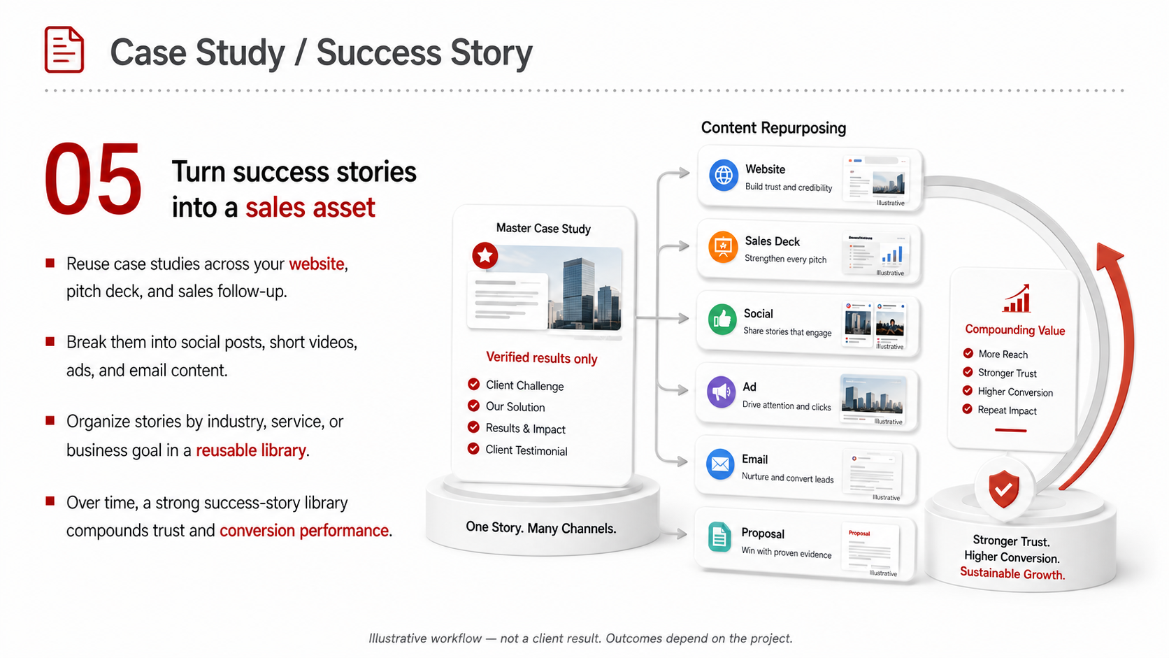 Case Study and Success Story service card, page 5: Case Study and Success Story turns English narrative, sales assets, trust content and lead tracking into business-devel...