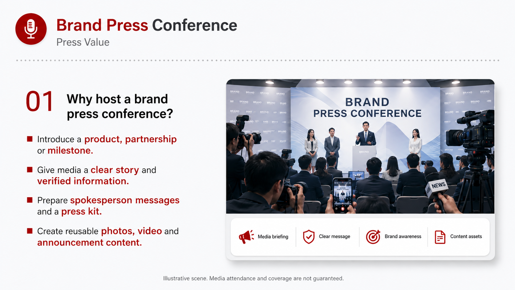 Brand Press Conference service card, page 1: Brand Press Conference connects pre-show outreach, on-site assets, booth messaging, buyer reception and follow-up into...